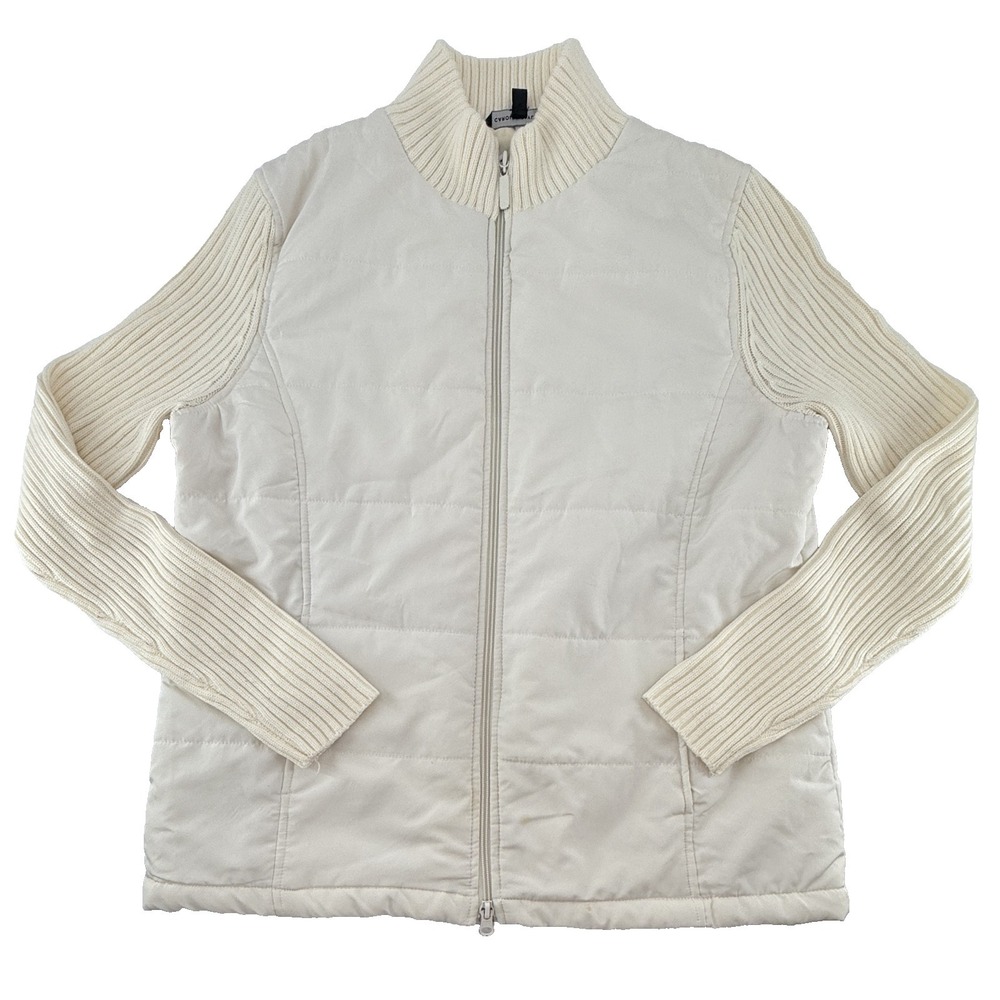 Carolyn Taylor Women's L Ivory‎ Quilted Jacket Ribbed Knit Sleeves Zip